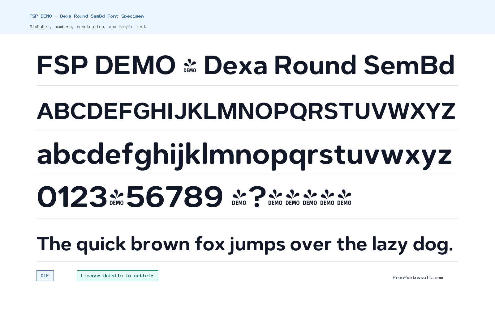 FSP DEMO - Dexa Round SemBd font specimen showing alphabet, numbers, and sample text