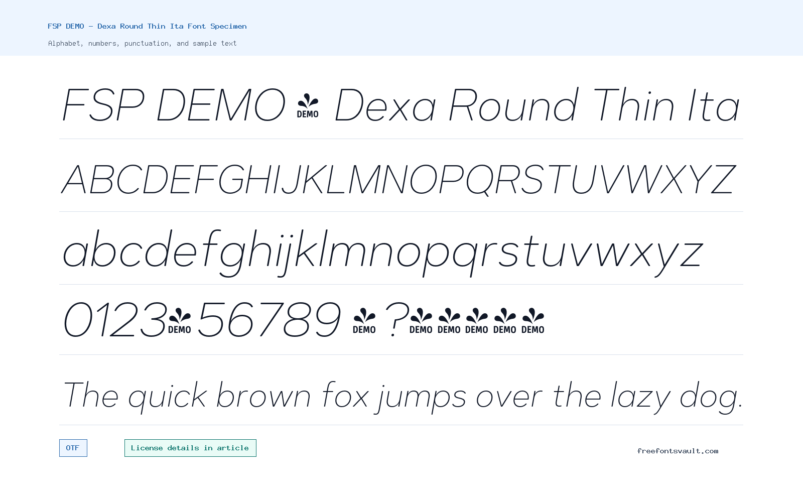 FSP DEMO - Dexa Round Thin Ita font specimen showing alphabet, numbers, and sample text