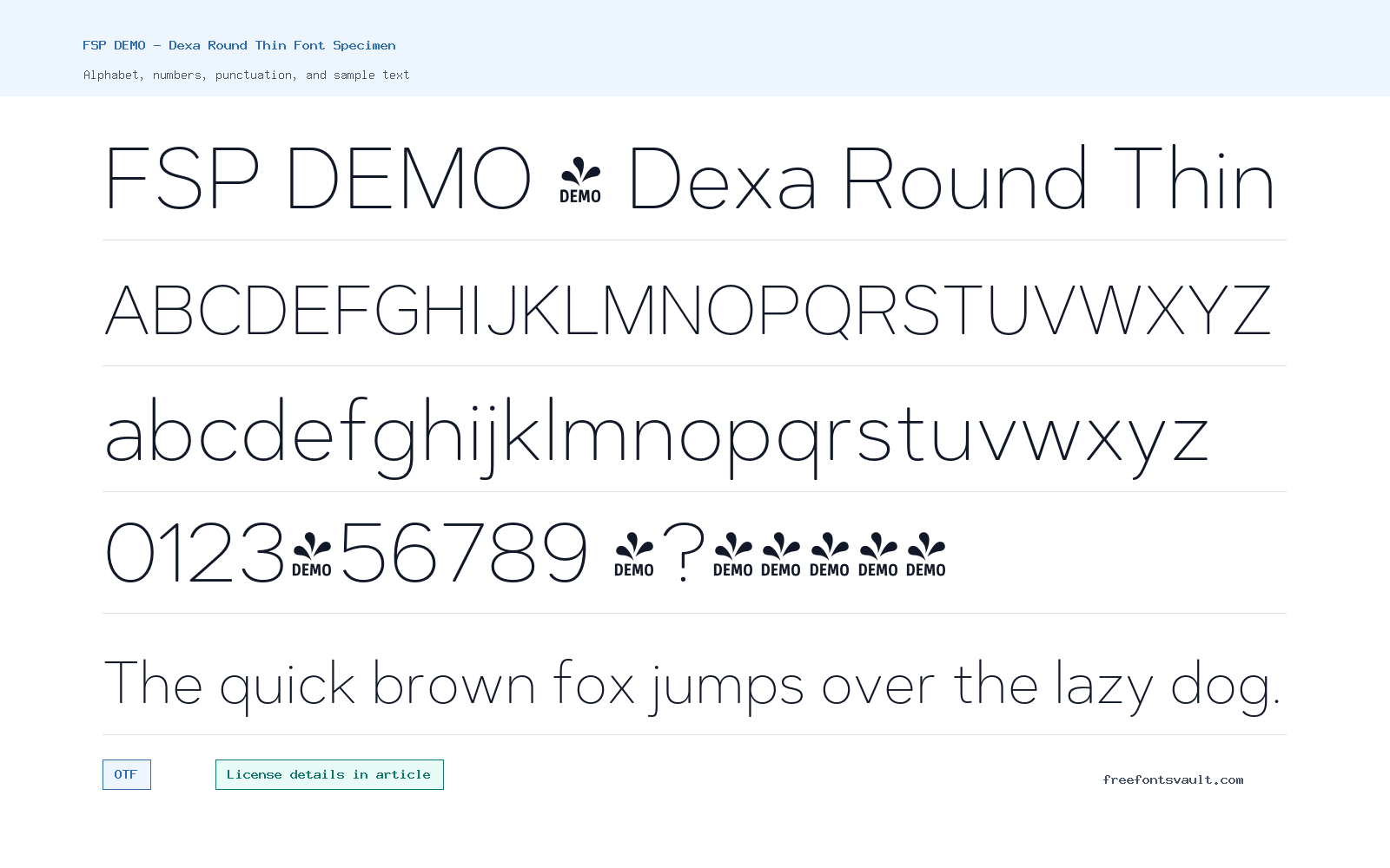 FSP DEMO - Dexa Round Thin font specimen showing alphabet, numbers, and sample text