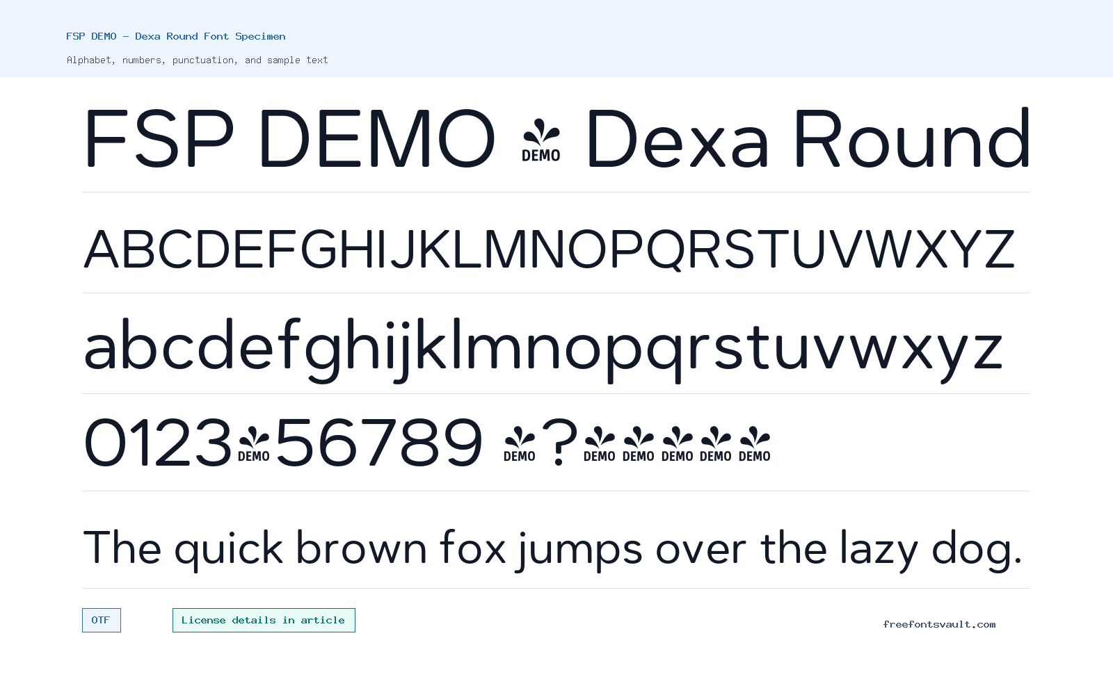 FSP DEMO - Dexa Round font specimen showing alphabet, numbers, and sample text