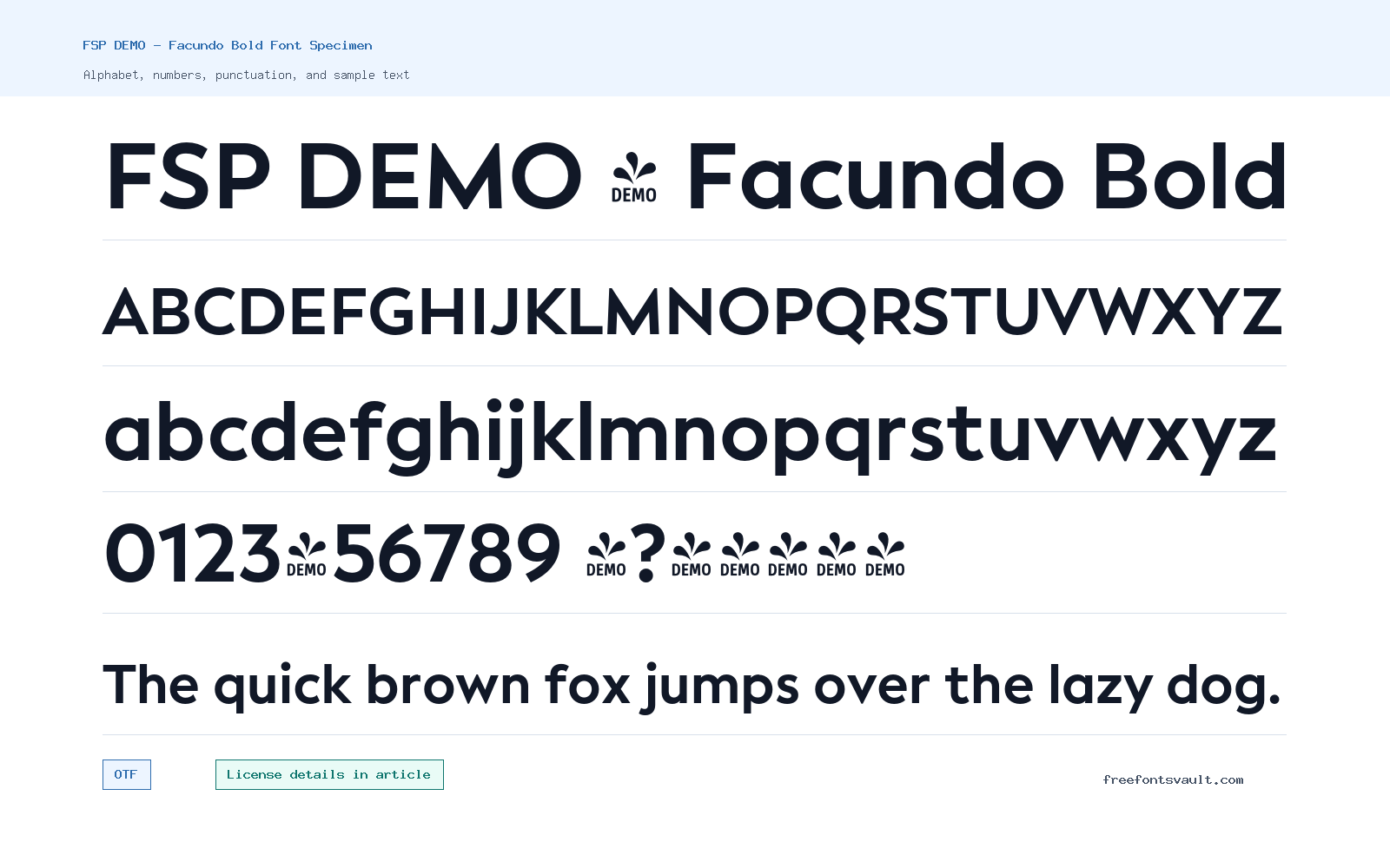 FSP DEMO - Facundo Bold font specimen showing alphabet, numbers, and sample text