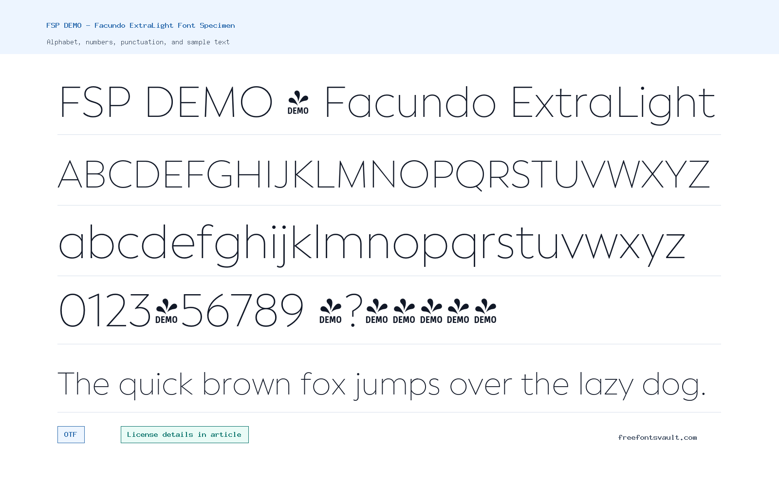 FSP DEMO - Facundo ExtraLight font specimen showing alphabet, numbers, and sample text