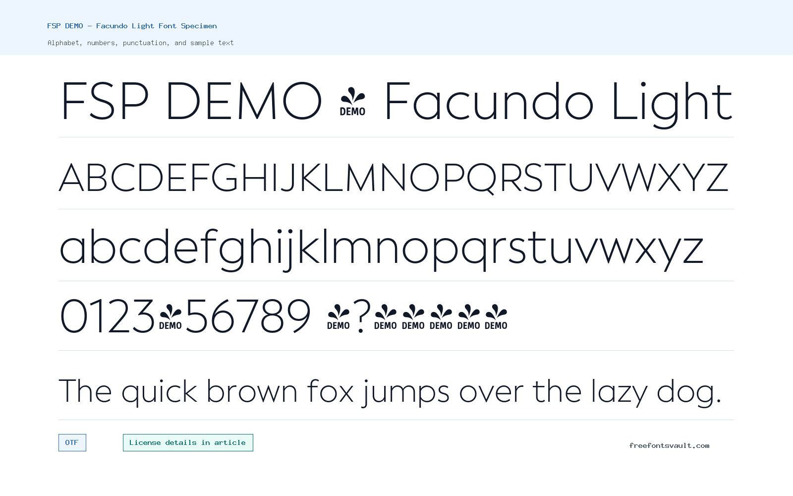 FSP DEMO - Facundo Light font specimen showing alphabet, numbers, and sample text