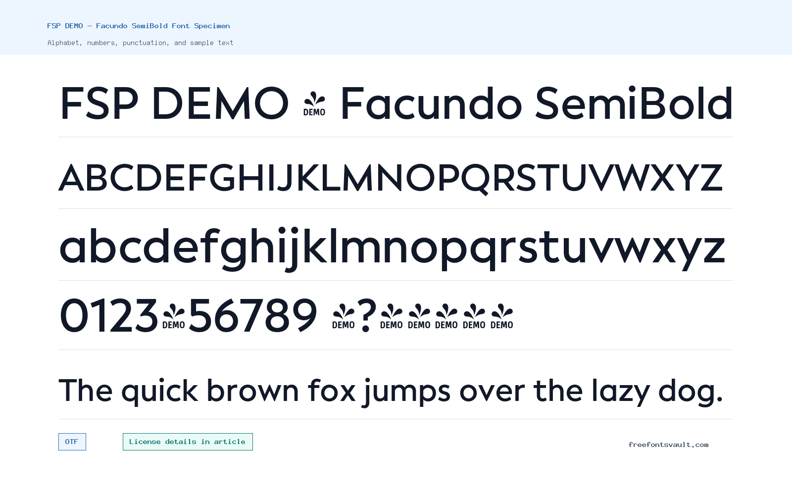 FSP DEMO - Facundo SemiBold font specimen showing alphabet, numbers, and sample text