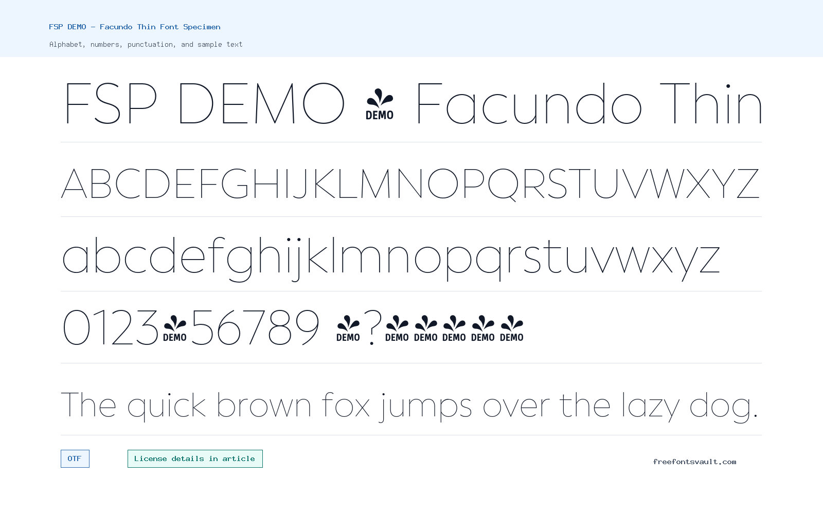 FSP DEMO - Facundo Thin font specimen showing alphabet, numbers, and sample text