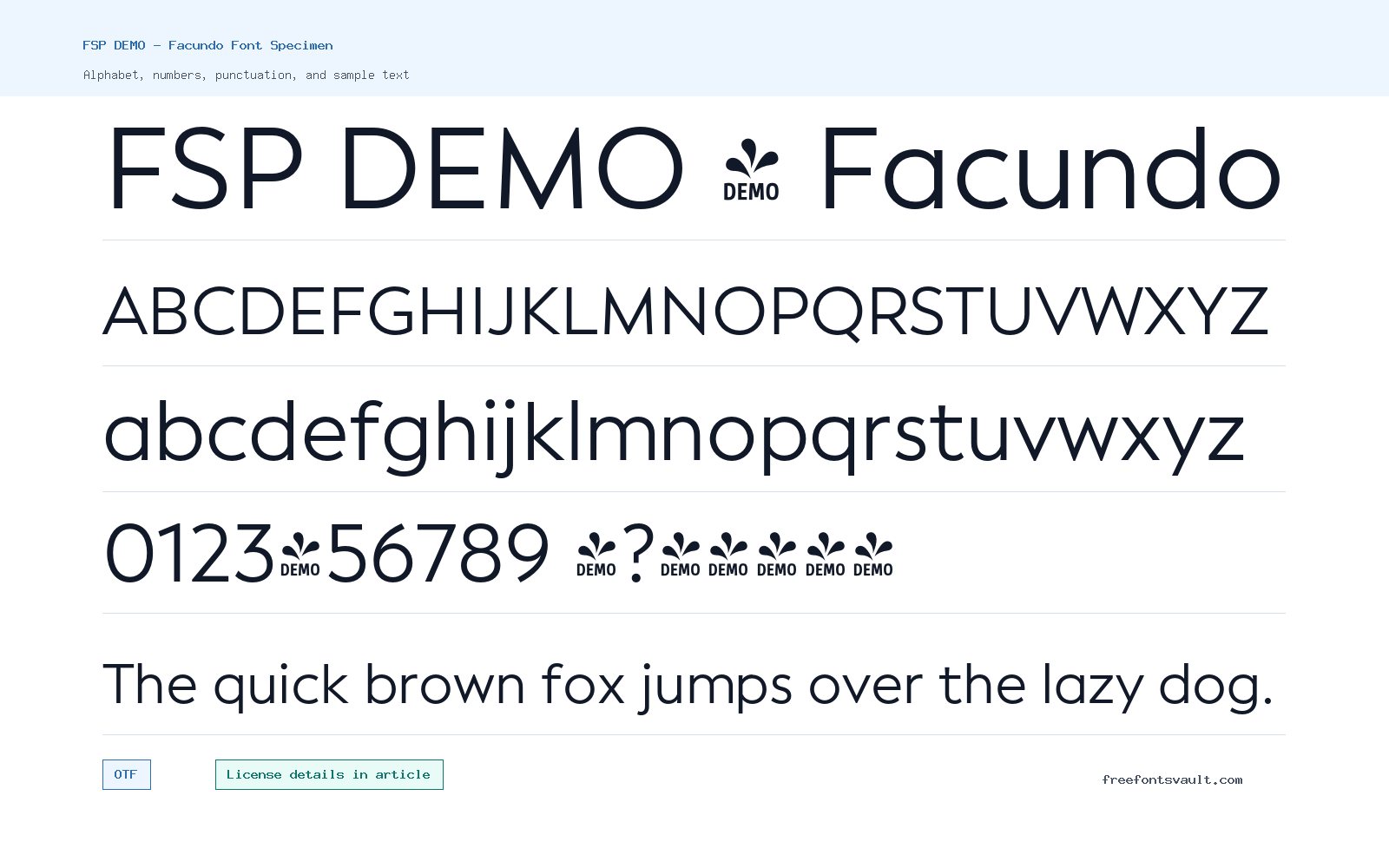 FSP DEMO - Facundo font specimen showing alphabet, numbers, and sample text