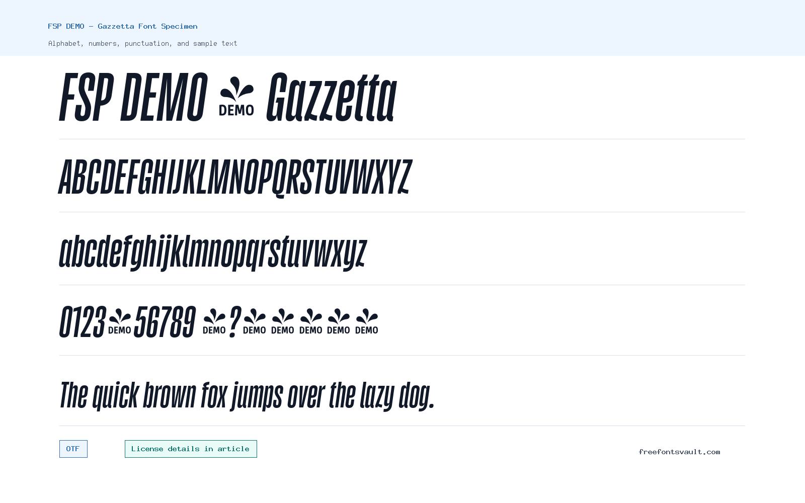 FSP DEMO - Gazzetta font specimen showing alphabet, numbers, and sample text