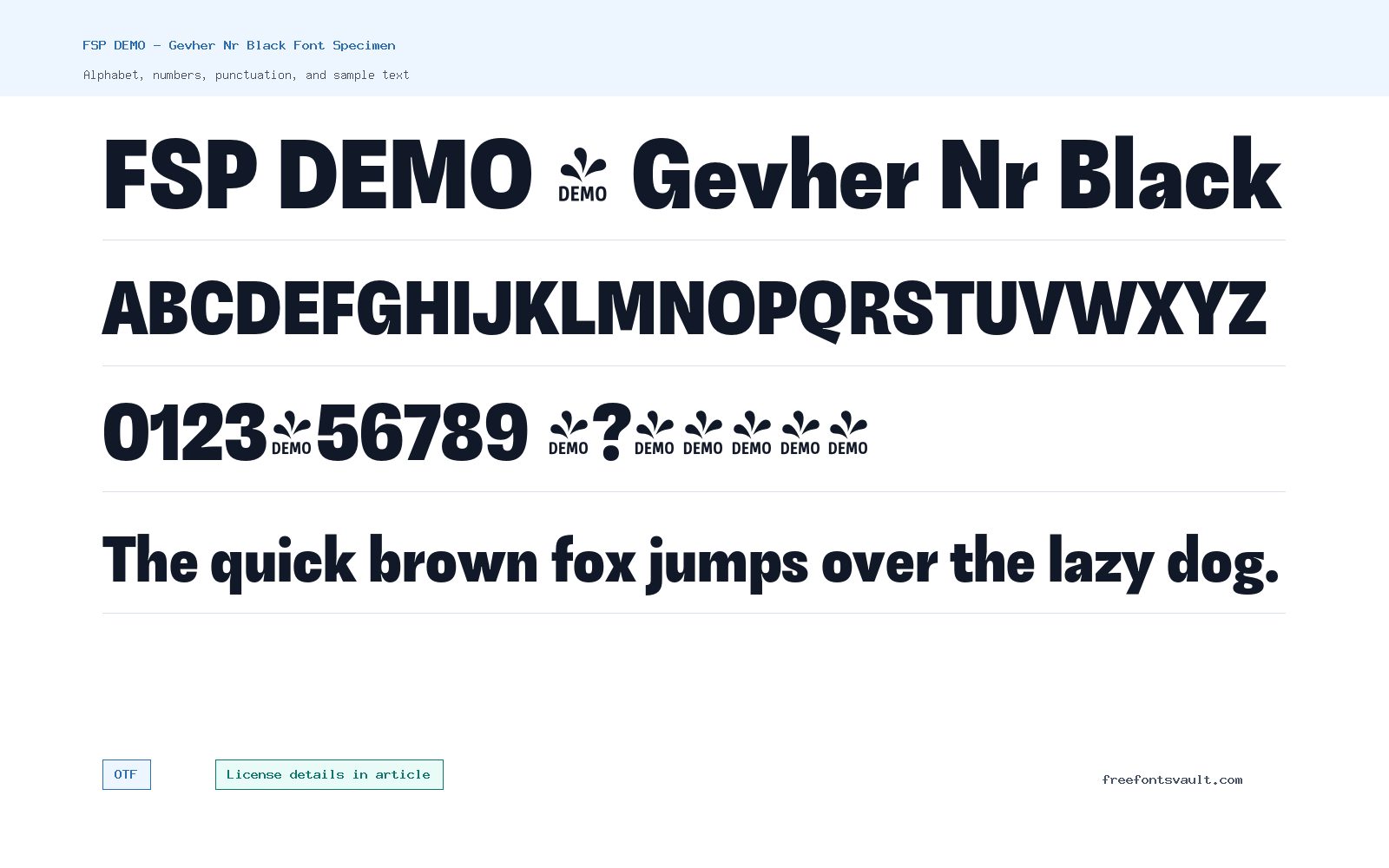 FSP DEMO - Gevher Nr Black font specimen showing alphabet, numbers, and sample text