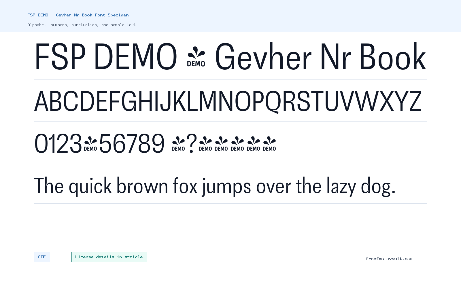 FSP DEMO - Gevher Nr Book font specimen showing alphabet, numbers, and sample text