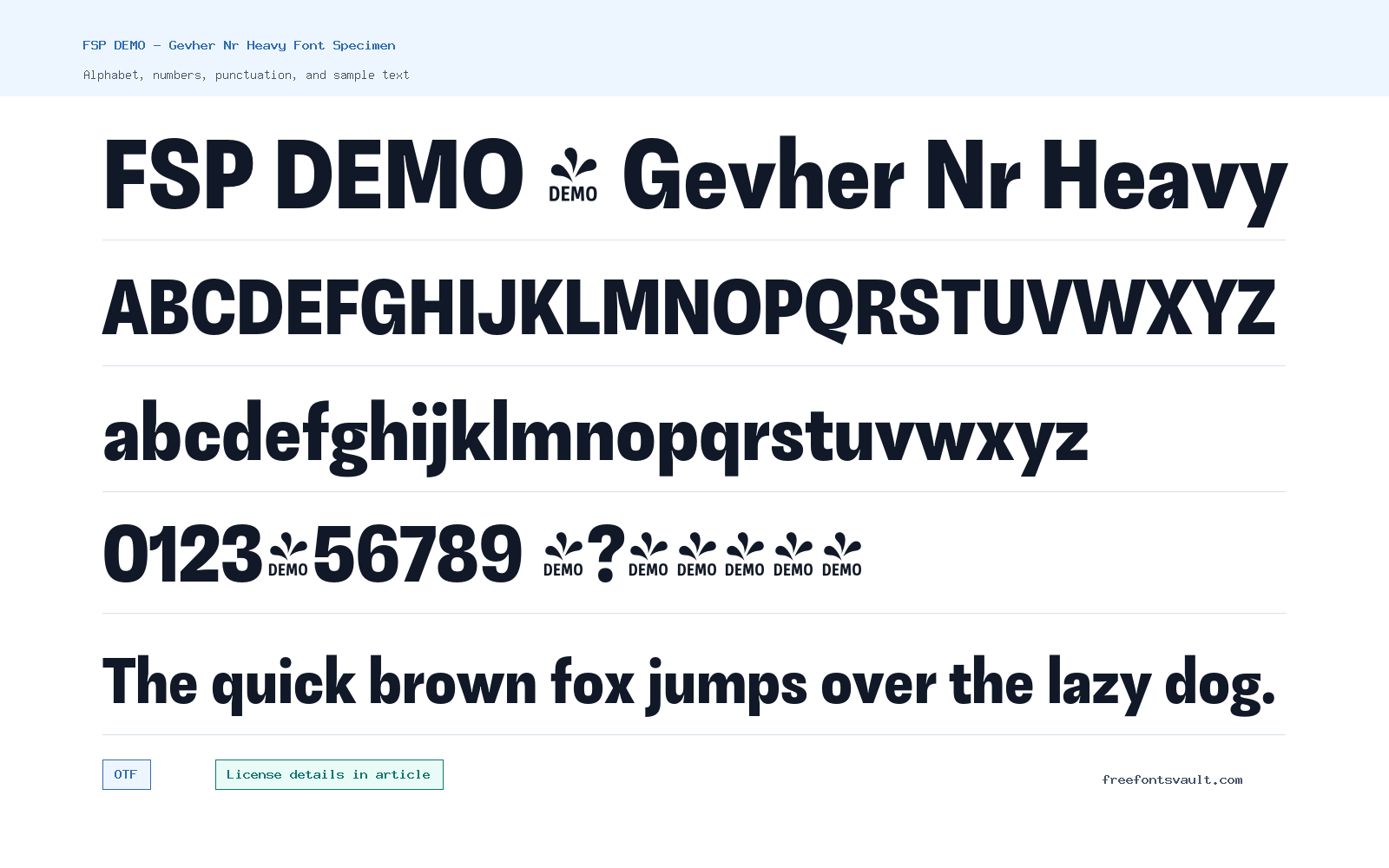 FSP DEMO - Gevher Nr Heavy font specimen showing alphabet, numbers, and sample text