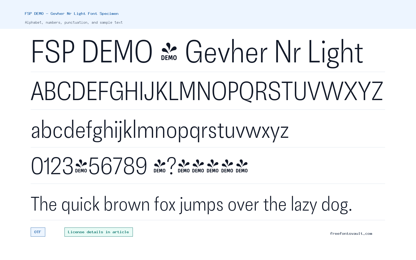 FSP DEMO - Gevher Nr Light font specimen showing alphabet, numbers, and sample text