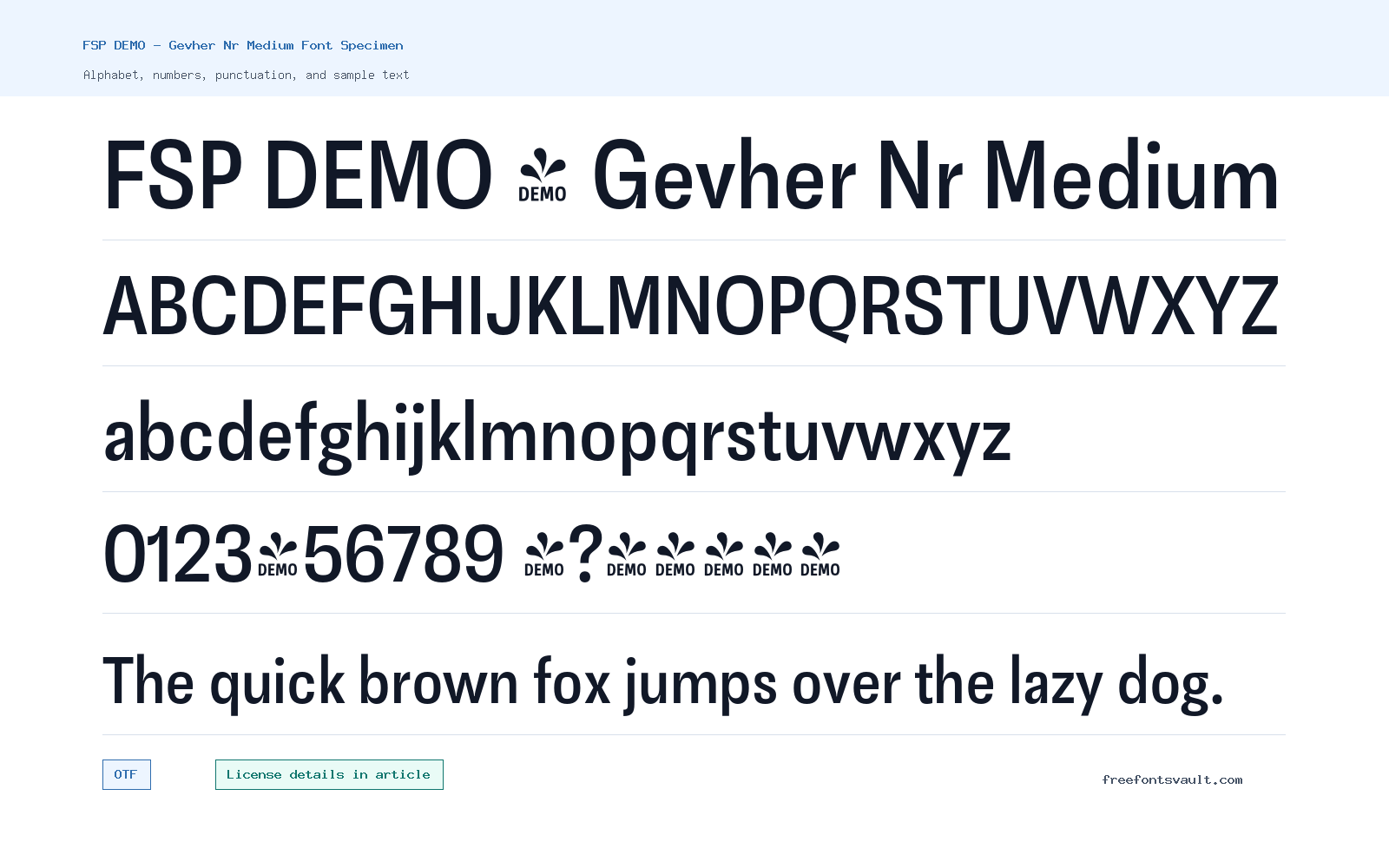 FSP DEMO - Gevher Nr Medium font specimen showing alphabet, numbers, and sample text