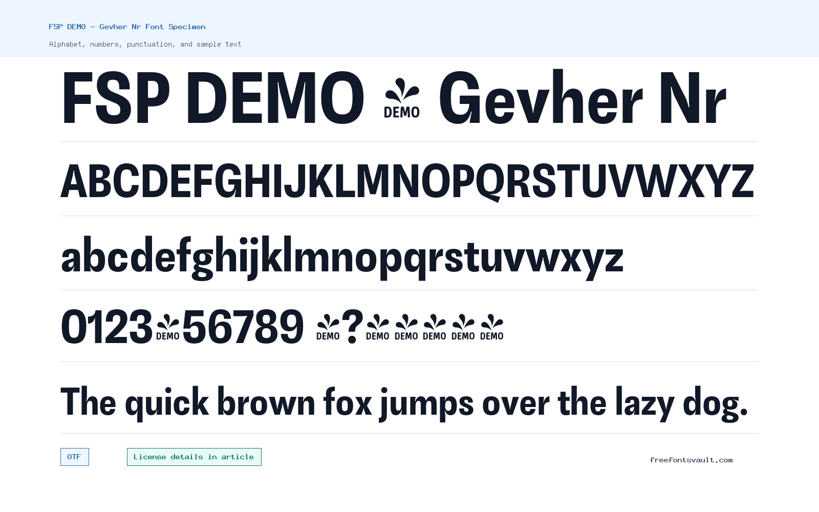 FSP DEMO - Gevher Nr font specimen showing alphabet, numbers, and sample text