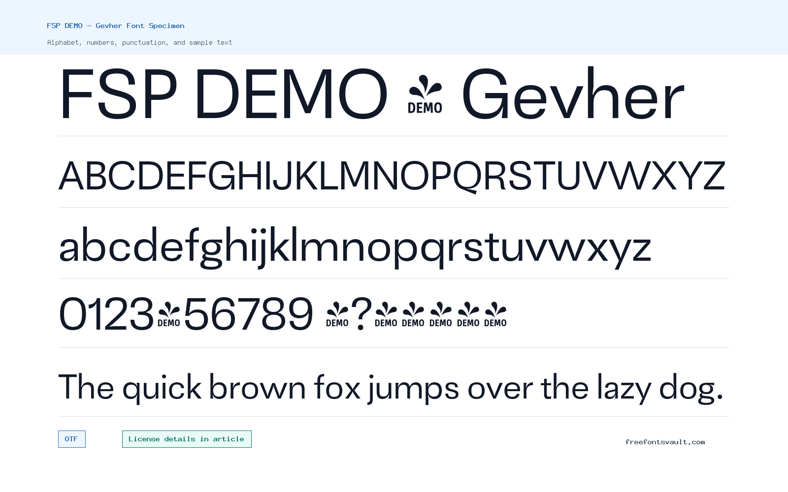 FSP DEMO - Gevher font specimen showing alphabet, numbers, and sample text