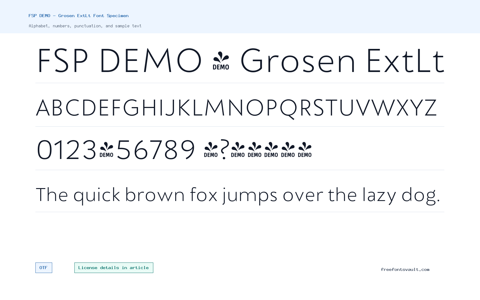 FSP DEMO - Grosen ExtLt font specimen showing alphabet, numbers, and sample text