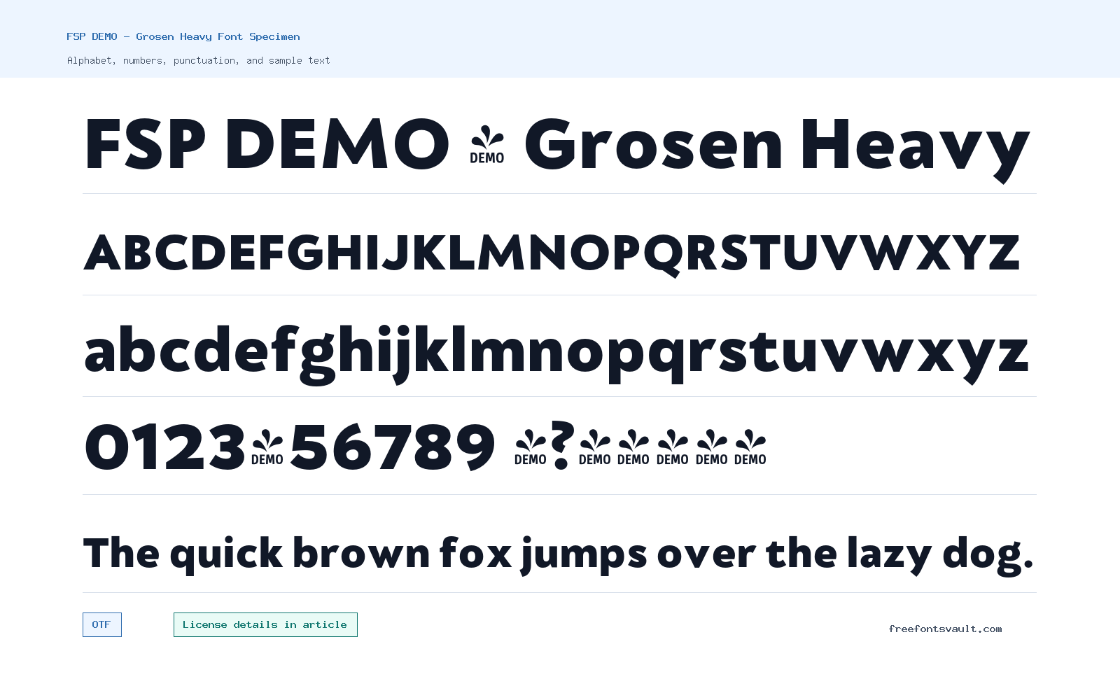 FSP DEMO - Grosen Heavy font specimen showing alphabet, numbers, and sample text