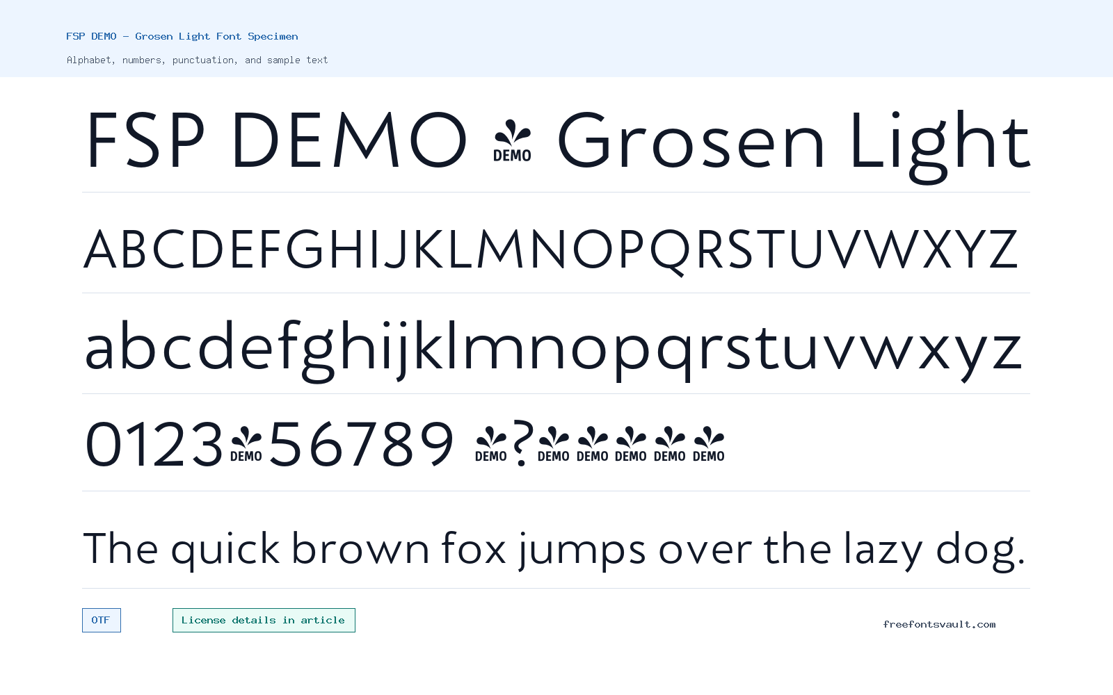FSP DEMO - Grosen Light font specimen showing alphabet, numbers, and sample text