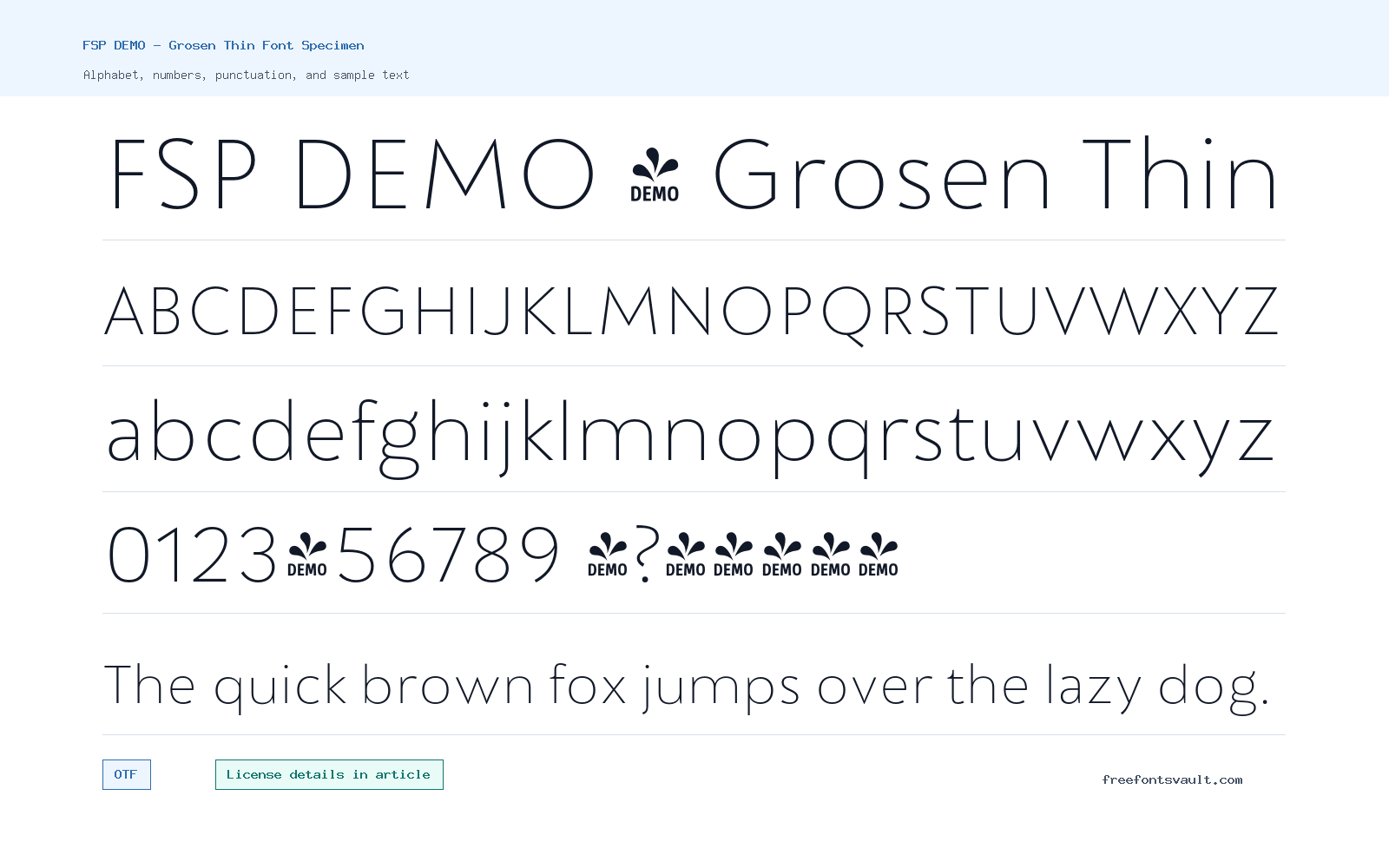 FSP DEMO - Grosen Thin font specimen showing alphabet, numbers, and sample text