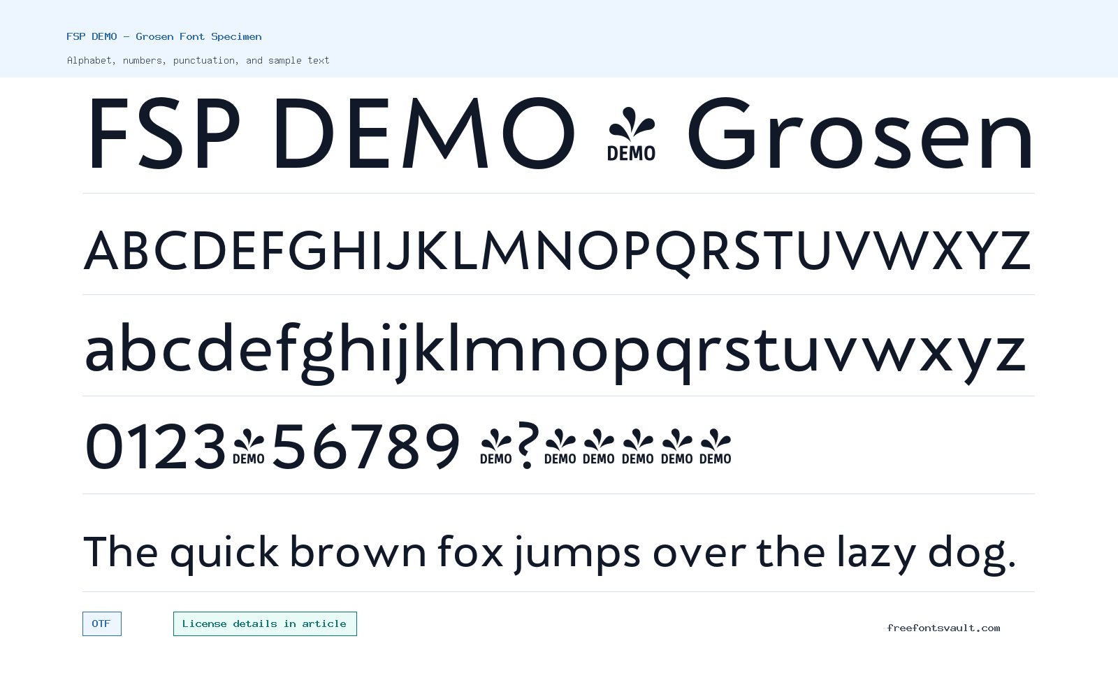 FSP DEMO - Grosen font specimen showing alphabet, numbers, and sample text