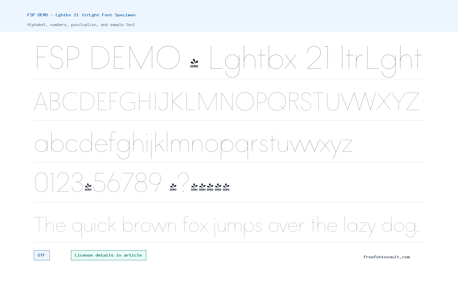 FSP DEMO - Lghtbx 21 ltrLght font specimen showing alphabet, numbers, and sample text