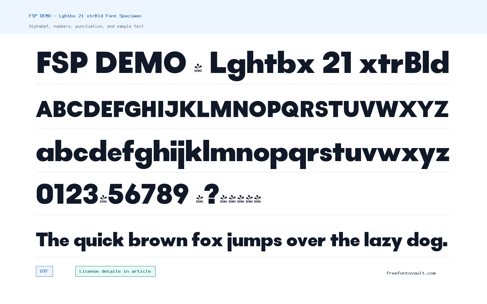 FSP DEMO - Lghtbx 21 xtrBld font specimen showing alphabet, numbers, and sample text