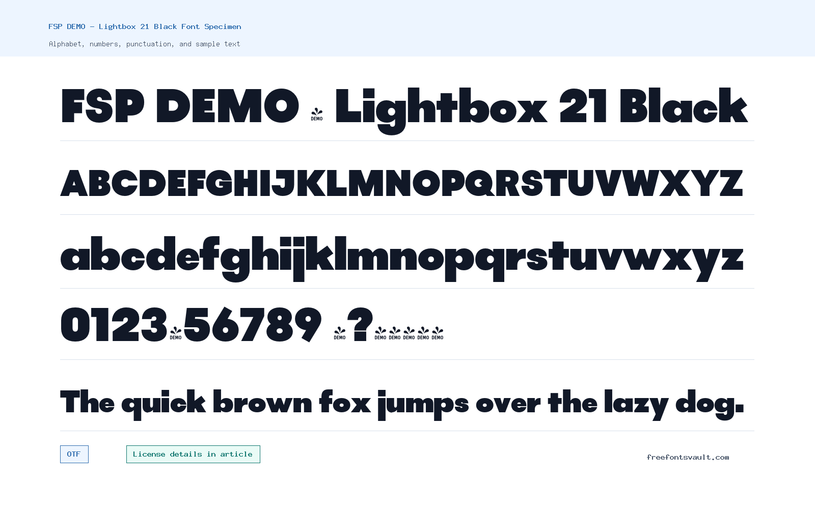 FSP DEMO - Lightbox 21 Black font specimen showing alphabet, numbers, and sample text