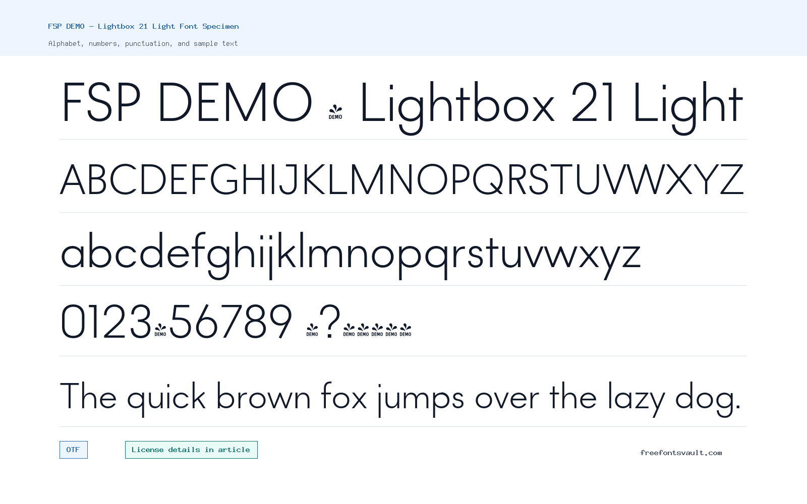 FSP DEMO - Lightbox 21 Light font specimen showing alphabet, numbers, and sample text