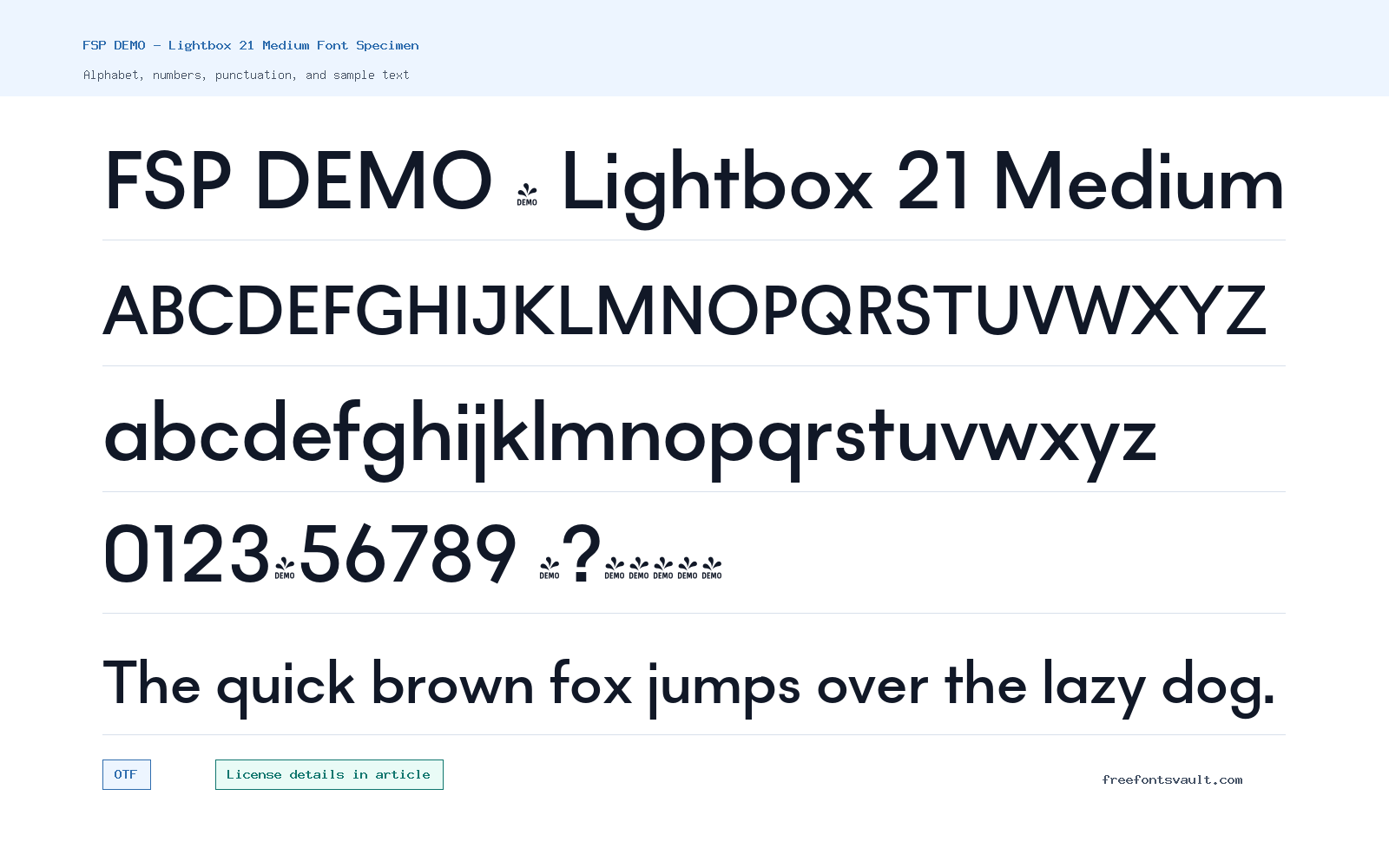 FSP DEMO - Lightbox 21 Medium font specimen showing alphabet, numbers, and sample text