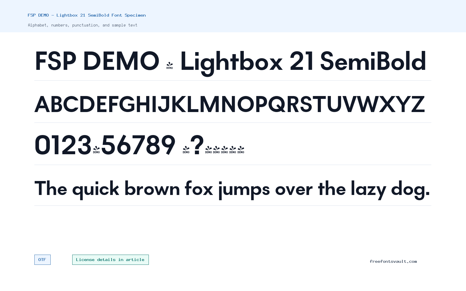 FSP DEMO - Lightbox 21 SemiBold font specimen showing alphabet, numbers, and sample text
