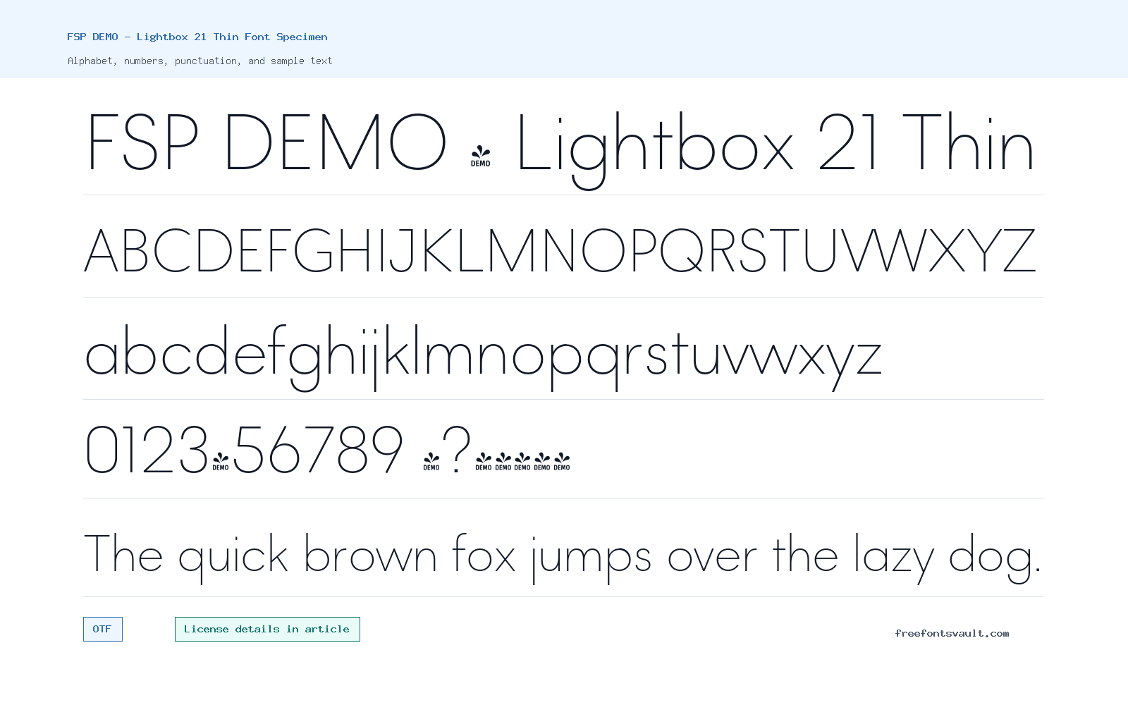 FSP DEMO - Lightbox 21 Thin font specimen showing alphabet, numbers, and sample text