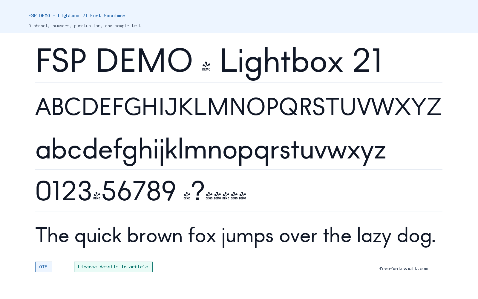 FSP DEMO - Lightbox 21 font specimen showing alphabet, numbers, and sample text
