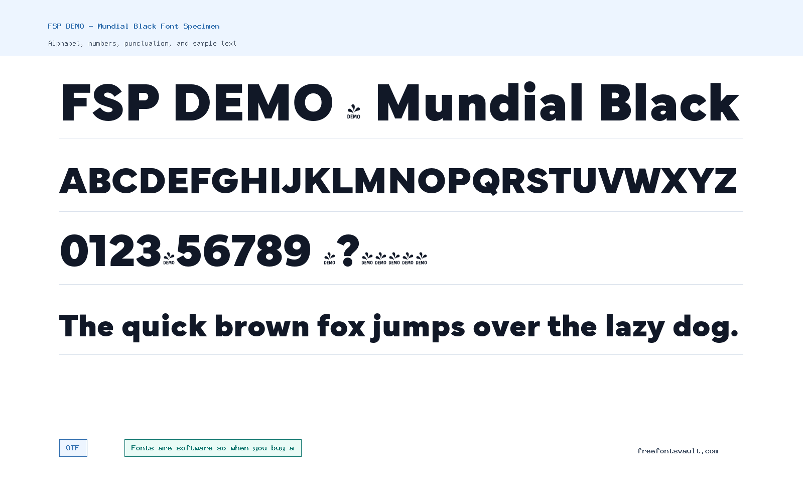 FSP DEMO - Mundial Black font specimen showing alphabet, numbers, and sample text