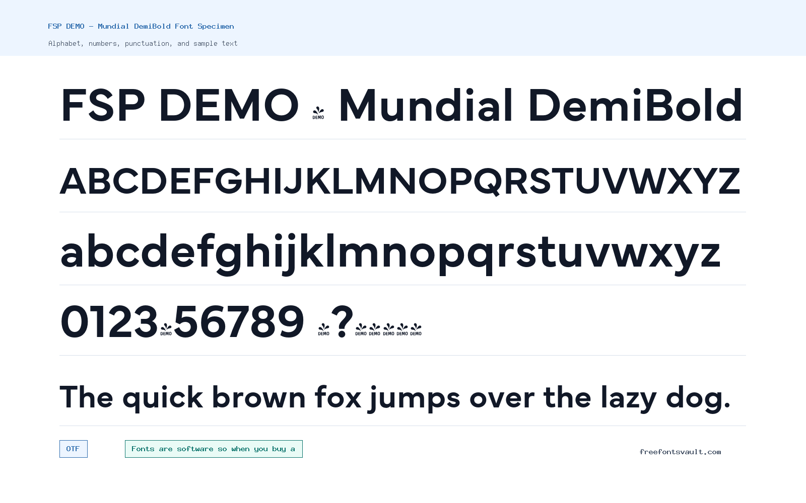 FSP DEMO - Mundial DemiBold font specimen showing alphabet, numbers, and sample text