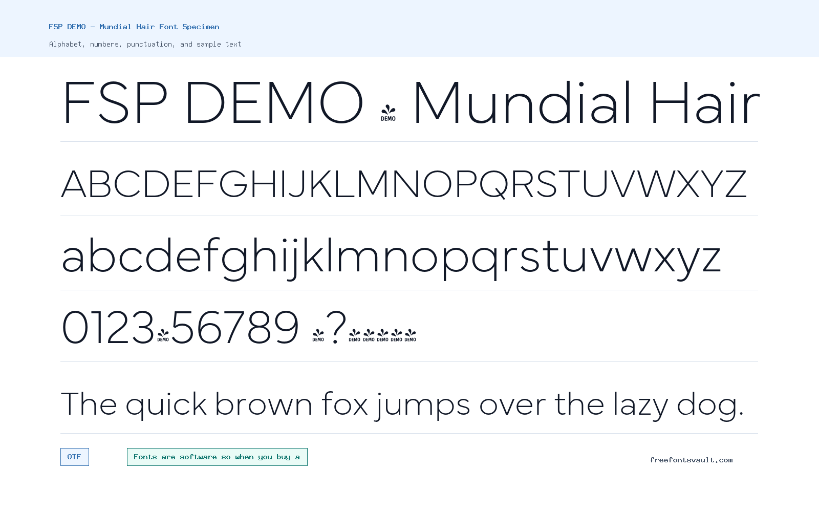 FSP DEMO - Mundial Hair font specimen showing alphabet, numbers, and sample text