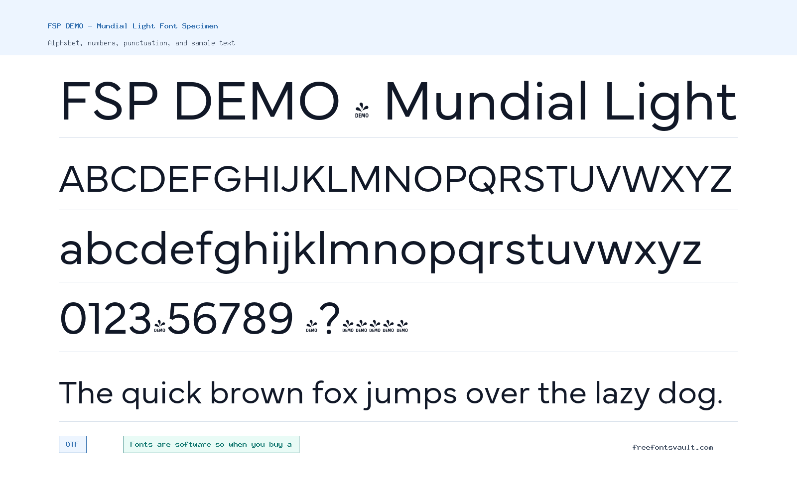 FSP DEMO - Mundial Light font specimen showing alphabet, numbers, and sample text