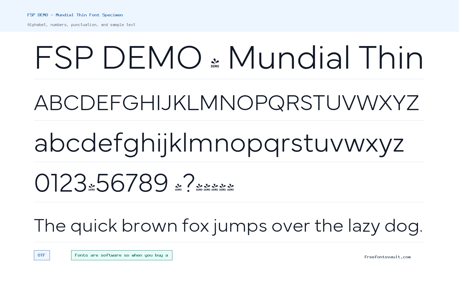 FSP DEMO - Mundial Thin font specimen showing alphabet, numbers, and sample text