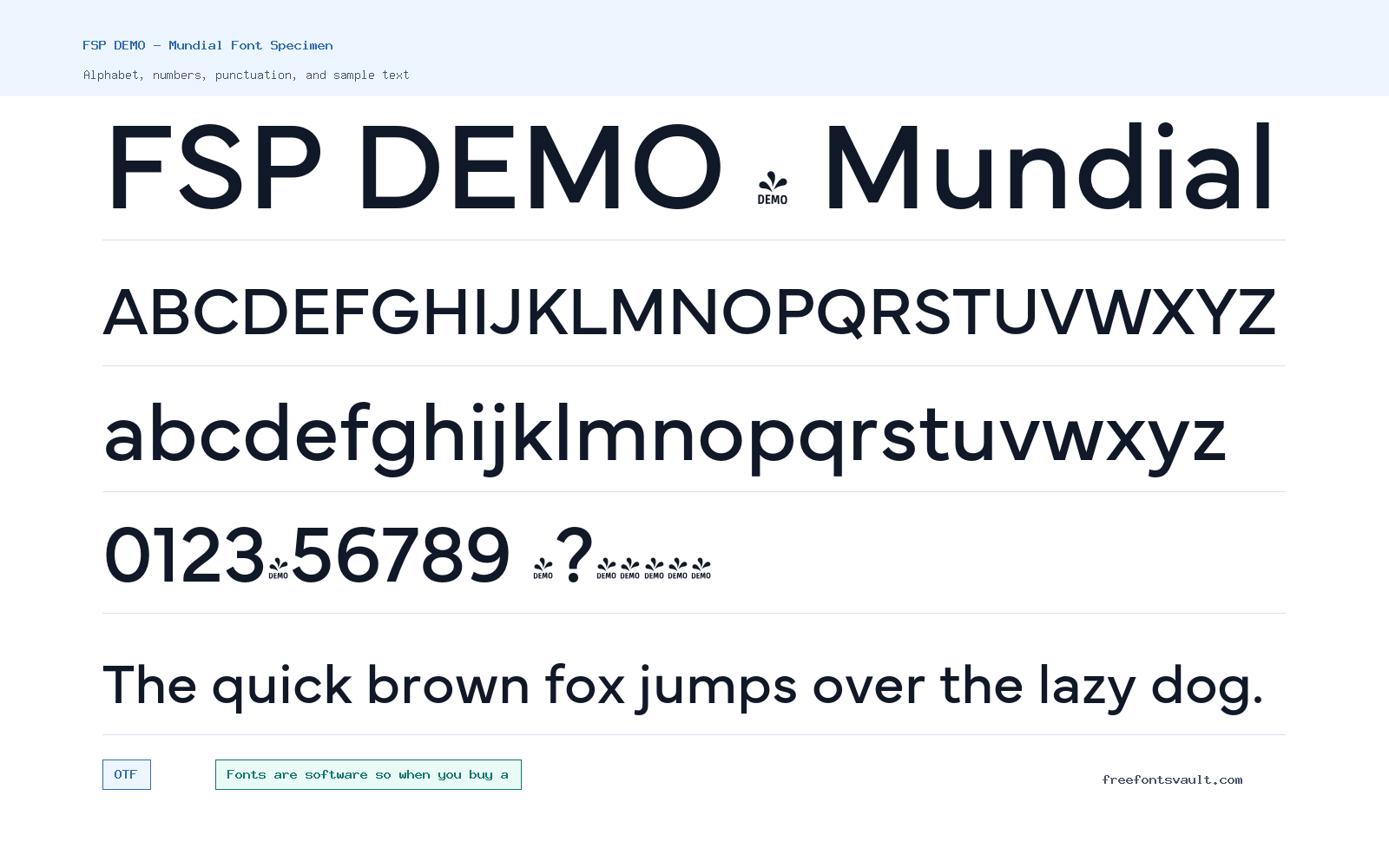 FSP DEMO - Mundial font specimen showing alphabet, numbers, and sample text