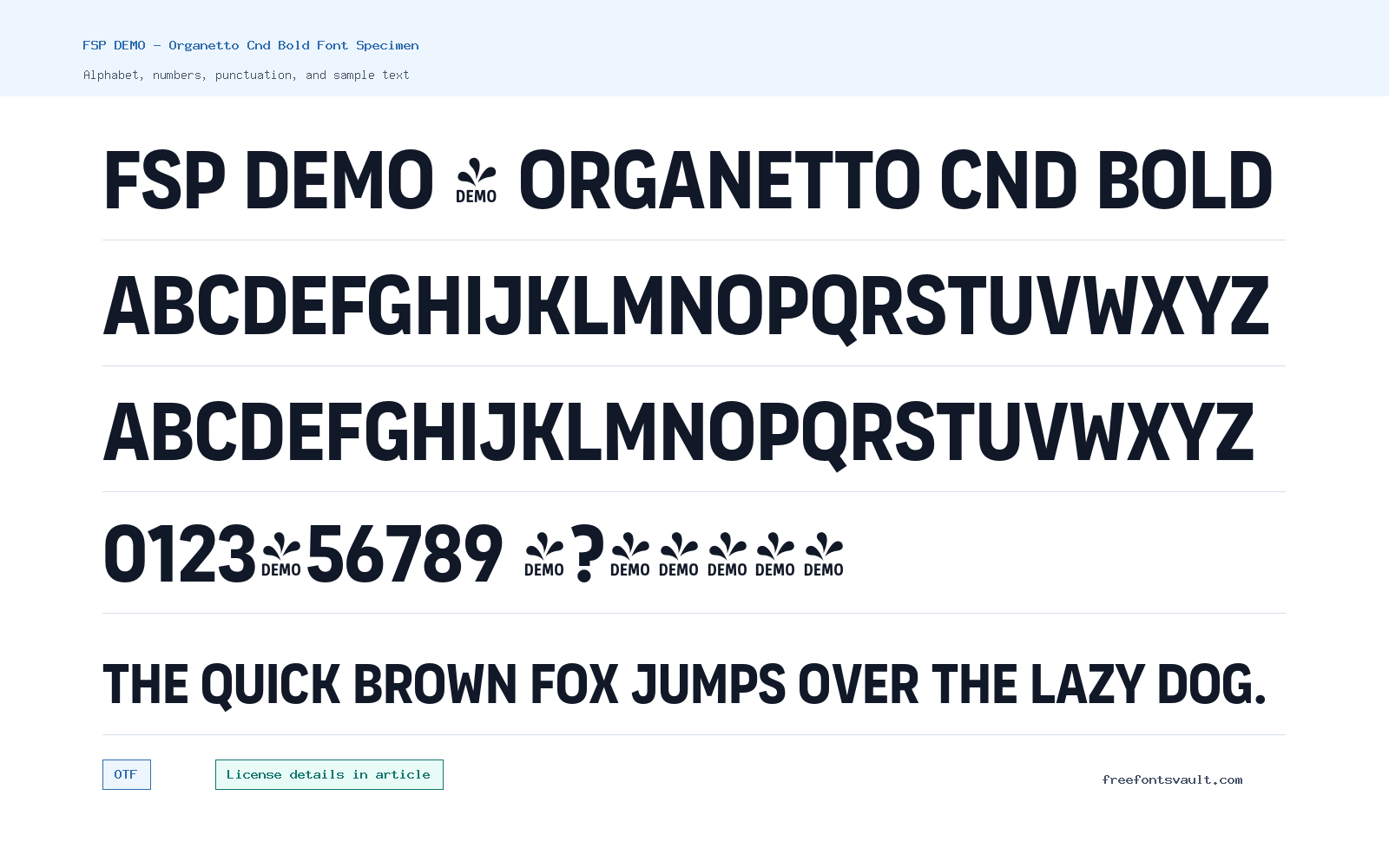 FSP DEMO - Organetto Cnd Bold font specimen showing alphabet, numbers, and sample text
