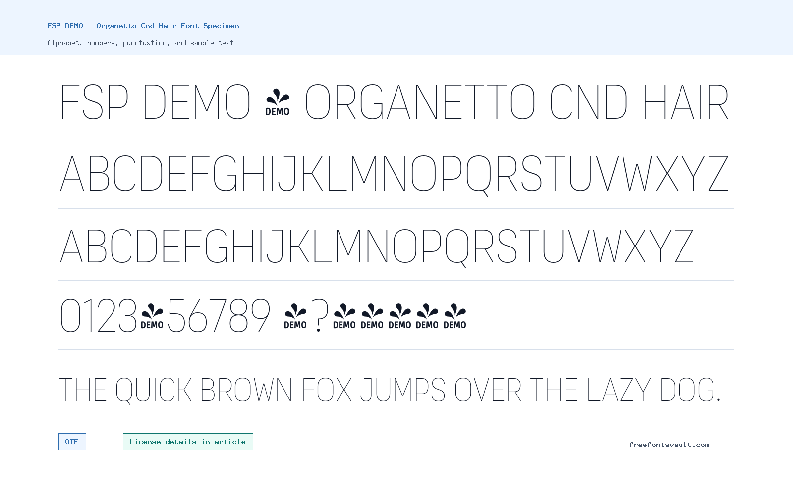 FSP DEMO - Organetto Cnd Hair font specimen showing alphabet, numbers, and sample text