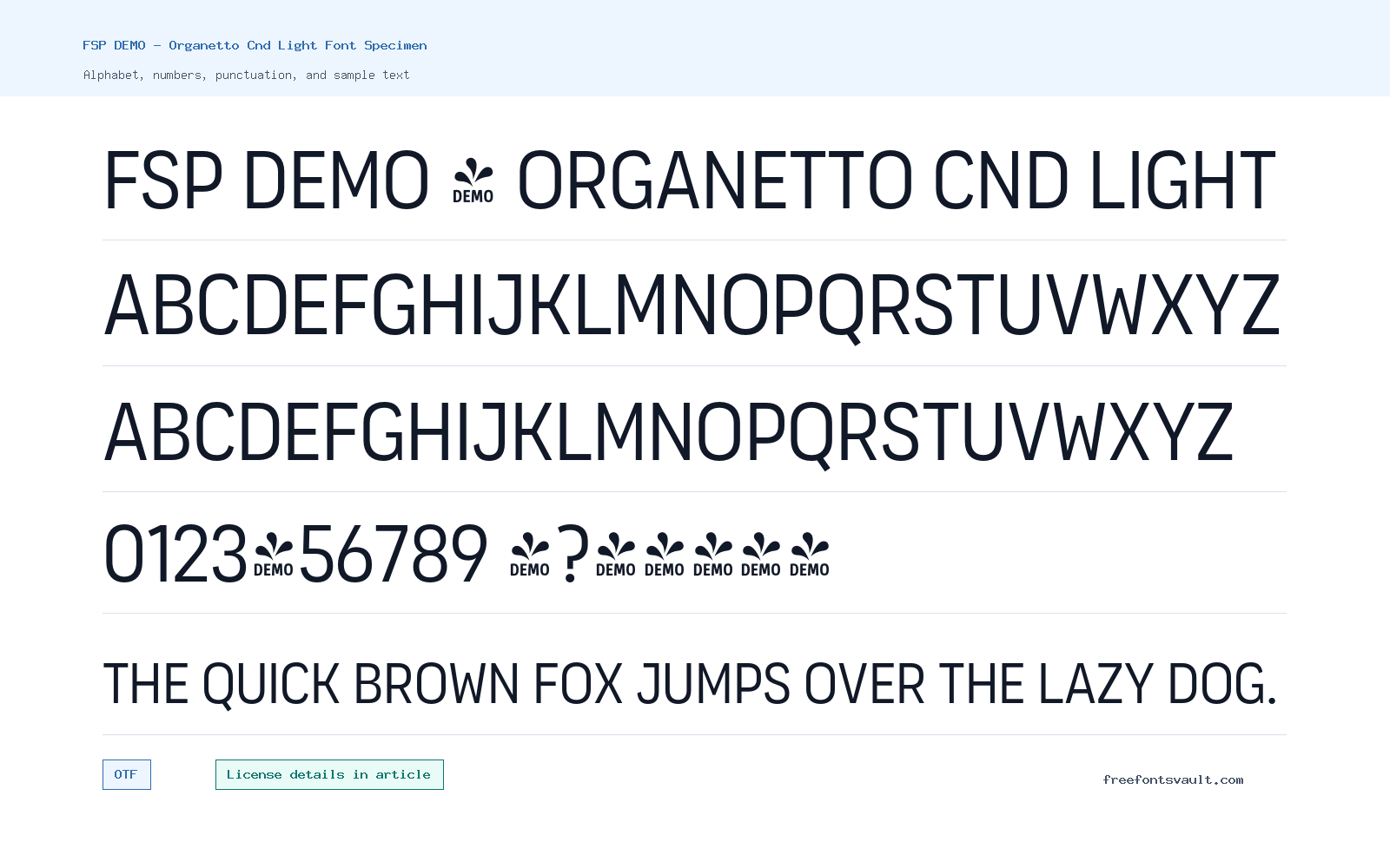 FSP DEMO - Organetto Cnd Light font specimen showing alphabet, numbers, and sample text