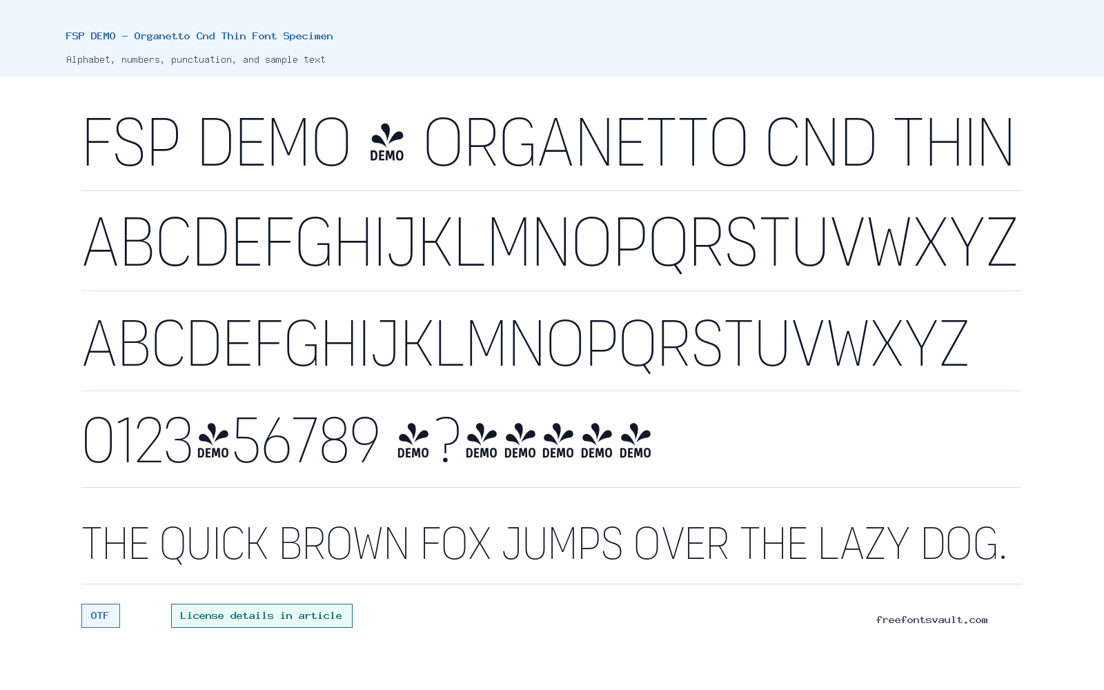 FSP DEMO - Organetto Cnd Thin font specimen showing alphabet, numbers, and sample text