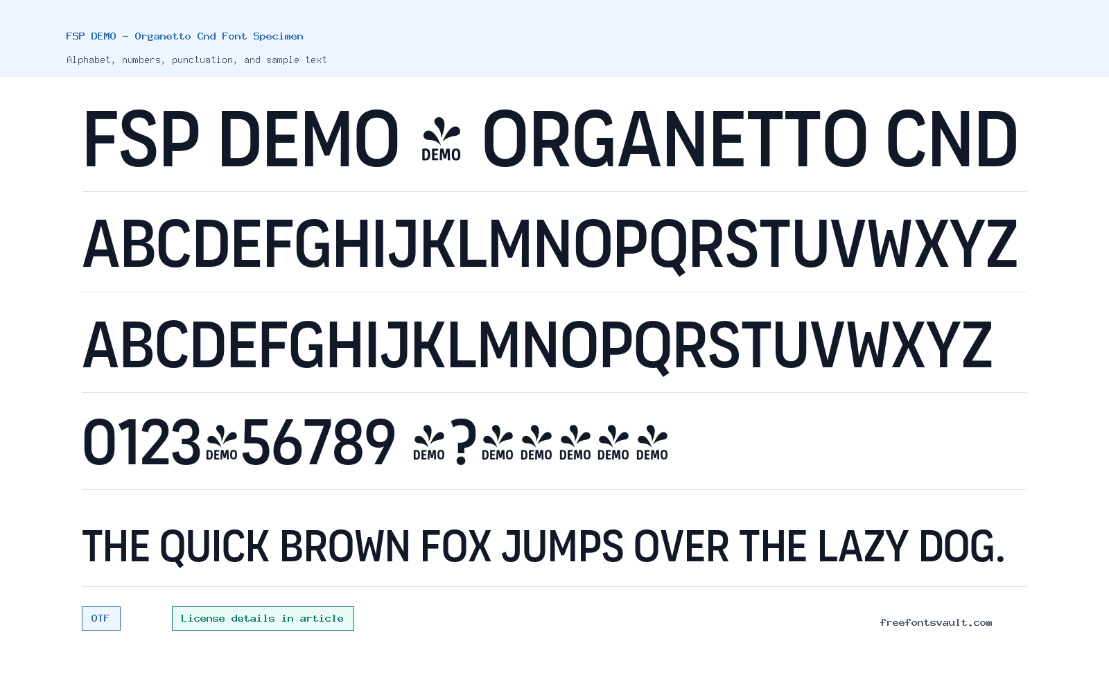 FSP DEMO - Organetto Cnd font specimen showing alphabet, numbers, and sample text