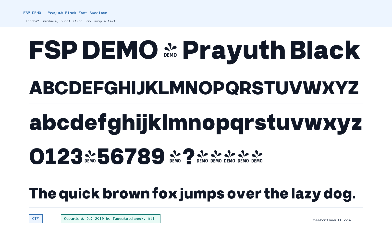 FSP DEMO - Prayuth Black font specimen showing alphabet, numbers, and sample text