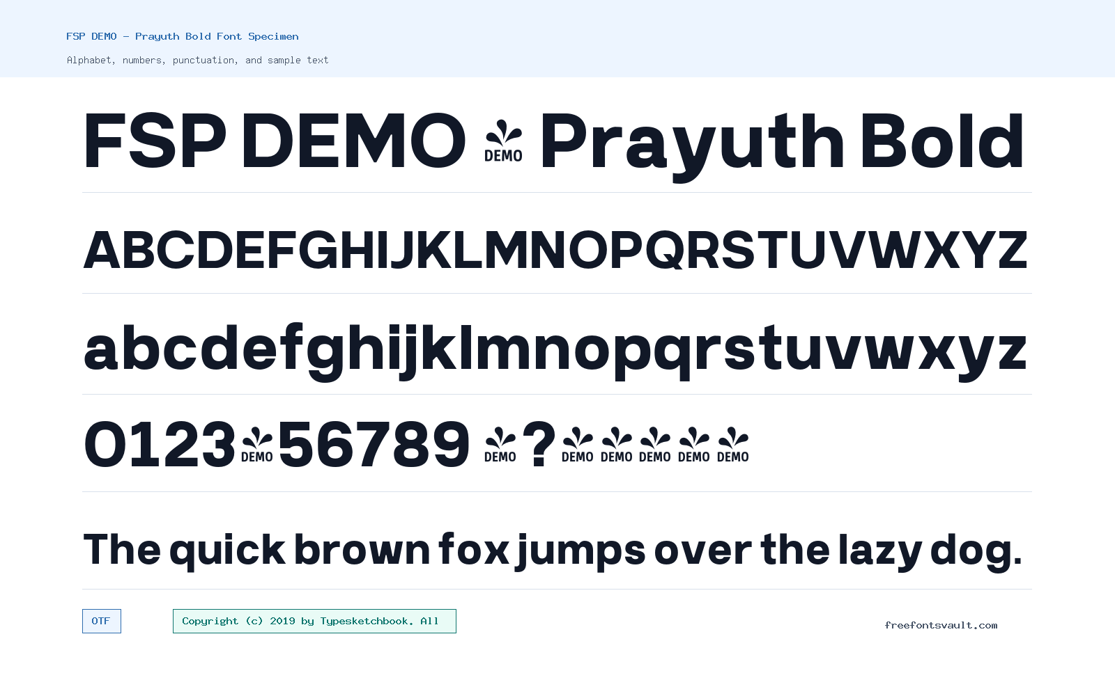 FSP DEMO - Prayuth Bold font specimen showing alphabet, numbers, and sample text