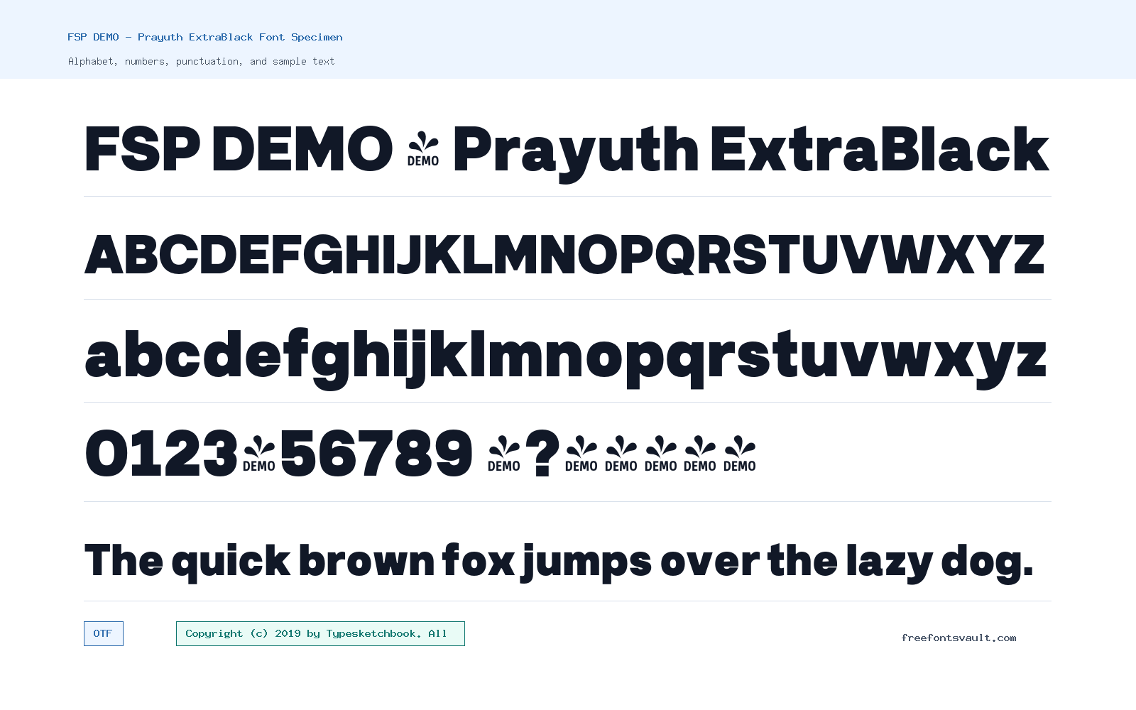 FSP DEMO - Prayuth ExtraBlack font specimen showing alphabet, numbers, and sample text