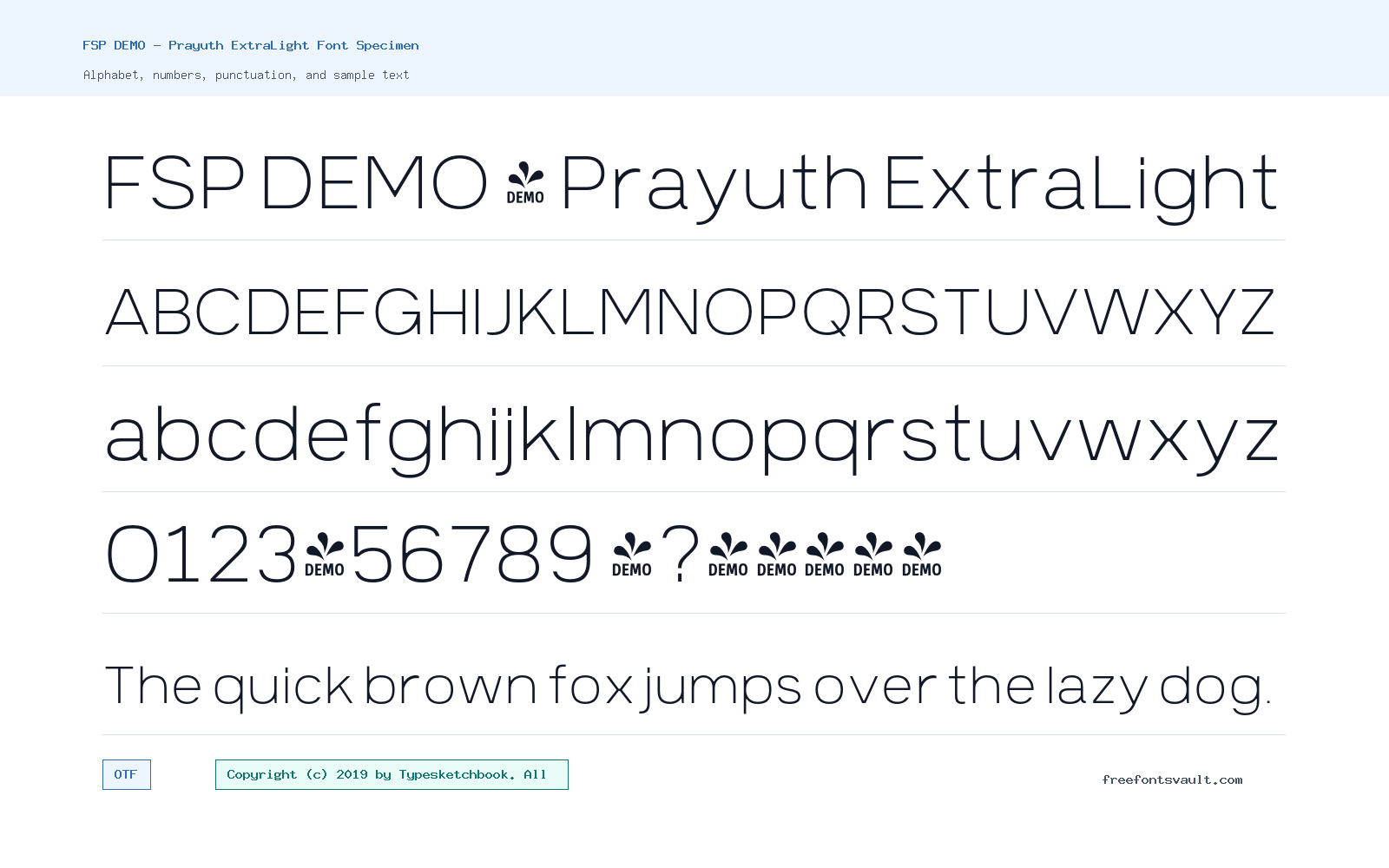 FSP DEMO - Prayuth ExtraLight font specimen showing alphabet, numbers, and sample text