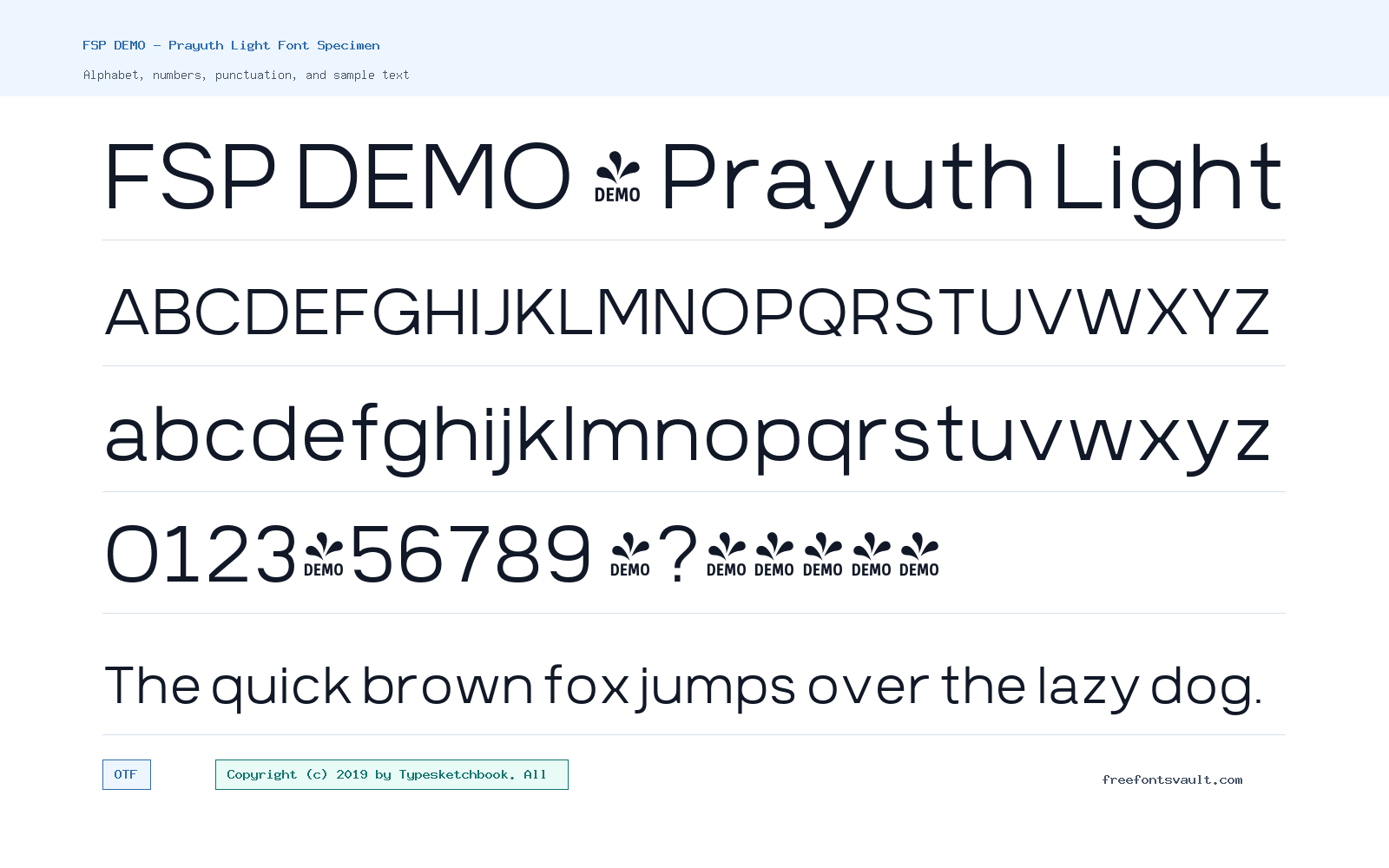 FSP DEMO - Prayuth Light font specimen showing alphabet, numbers, and sample text
