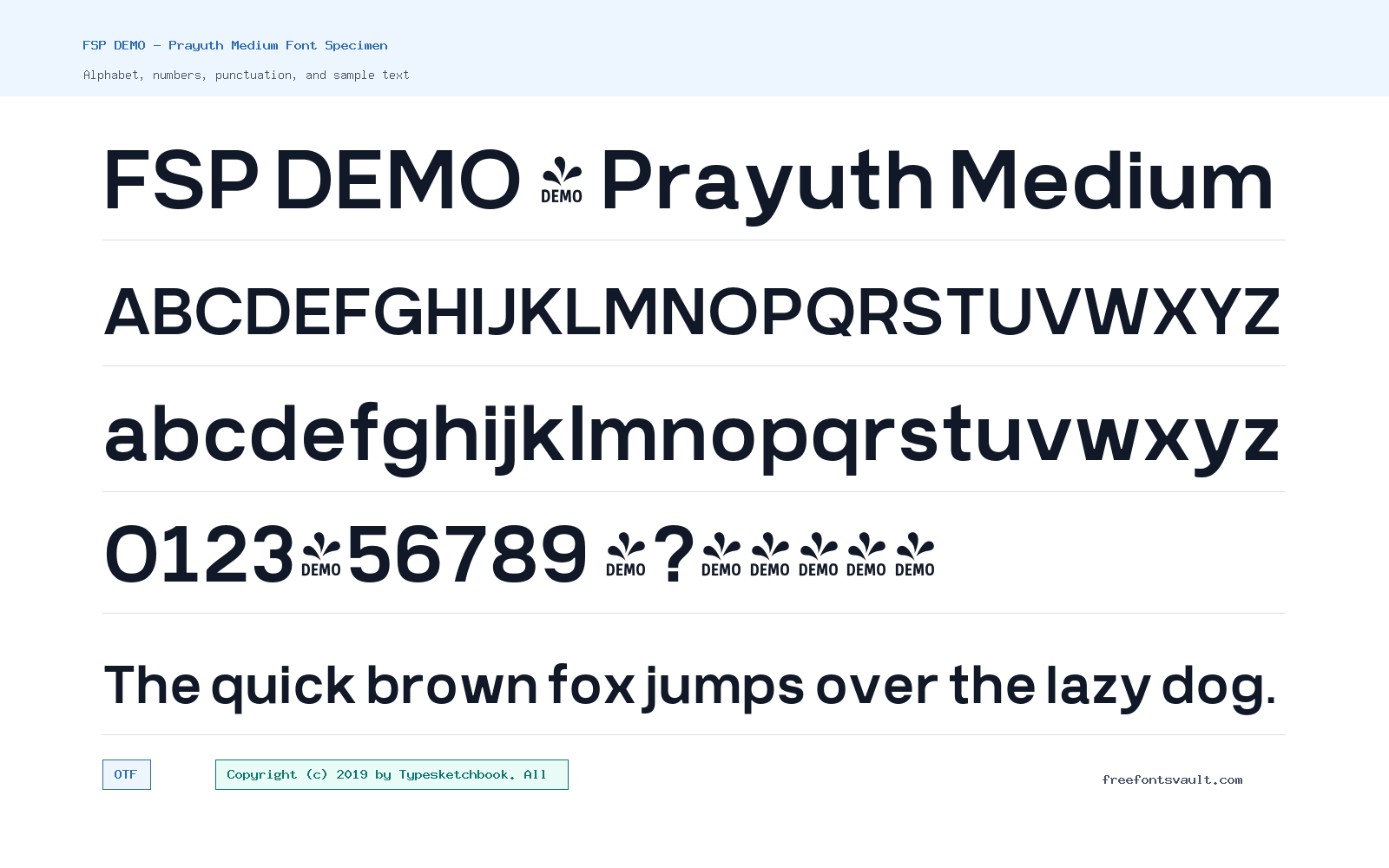 FSP DEMO - Prayuth Medium font specimen showing alphabet, numbers, and sample text