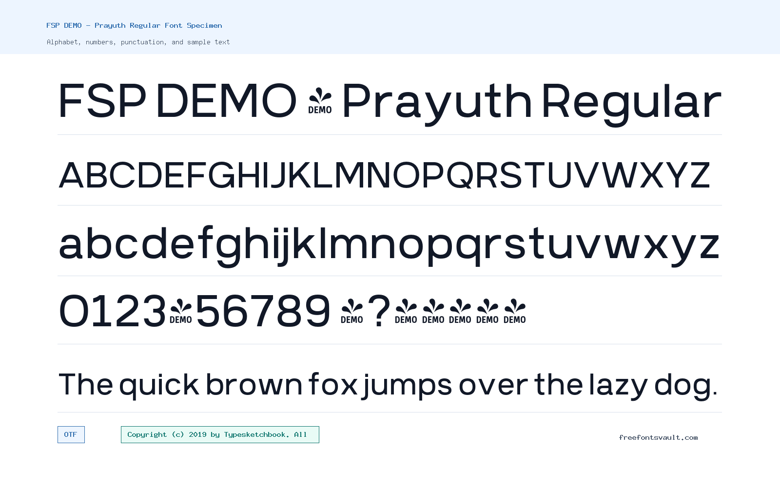 FSP DEMO - Prayuth Regular font specimen showing alphabet, numbers, and sample text