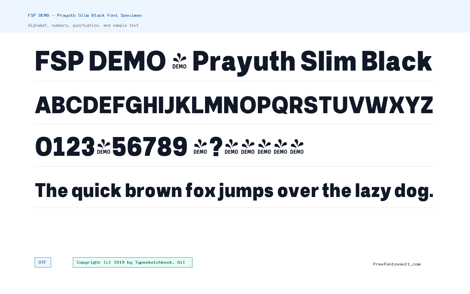 FSP DEMO - Prayuth Slim Black font specimen showing alphabet, numbers, and sample text